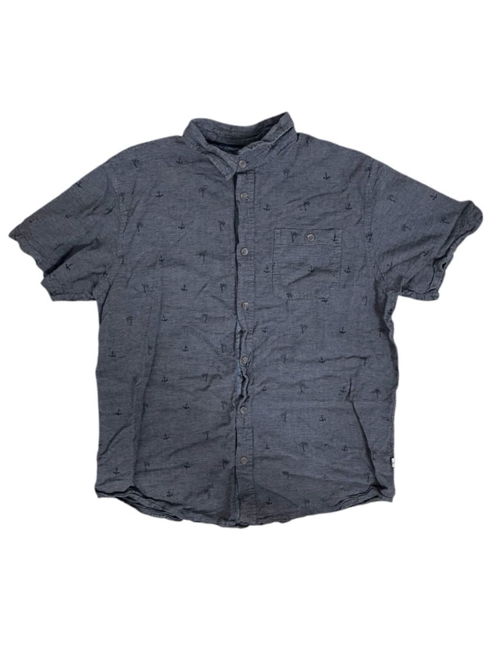 Hang Ten Short Sleeve Button Shirt Gray Palm Print Size L Casual